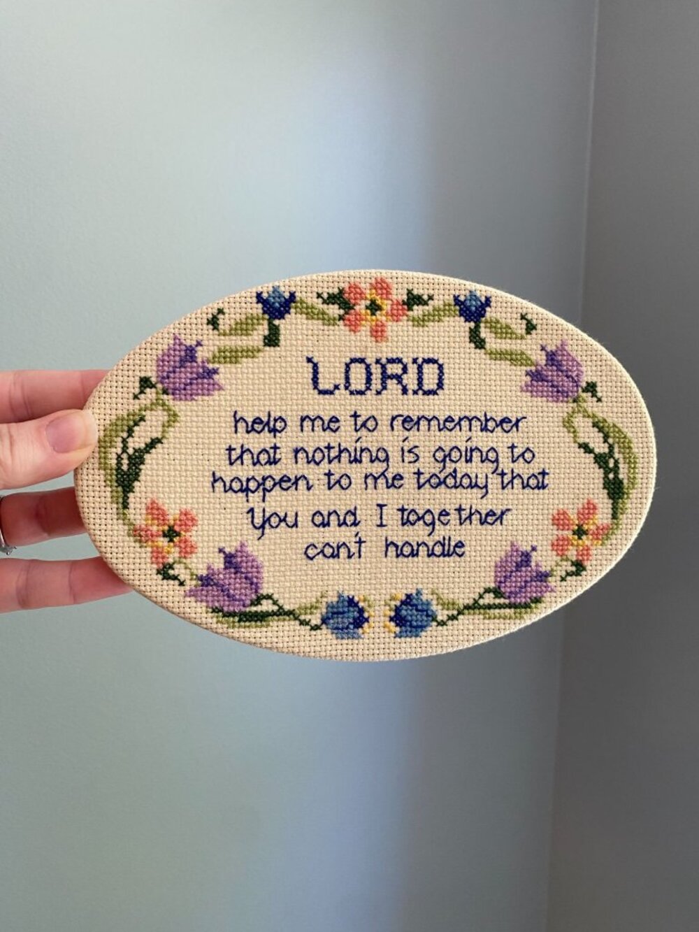 Oval Floral Cross-Stitch Wall Art With Inspirational Prayer Text